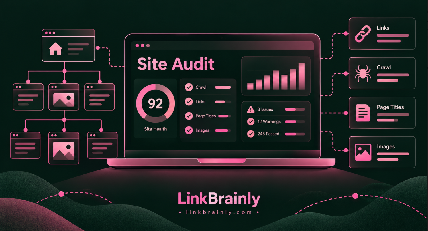 Website audit report grouping internal link, crawl access, metadata, and image issues.